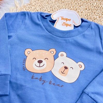 Conj. Blusa Manga Longa Baby Bear e Calça Malha Waffle - Azul Marinho